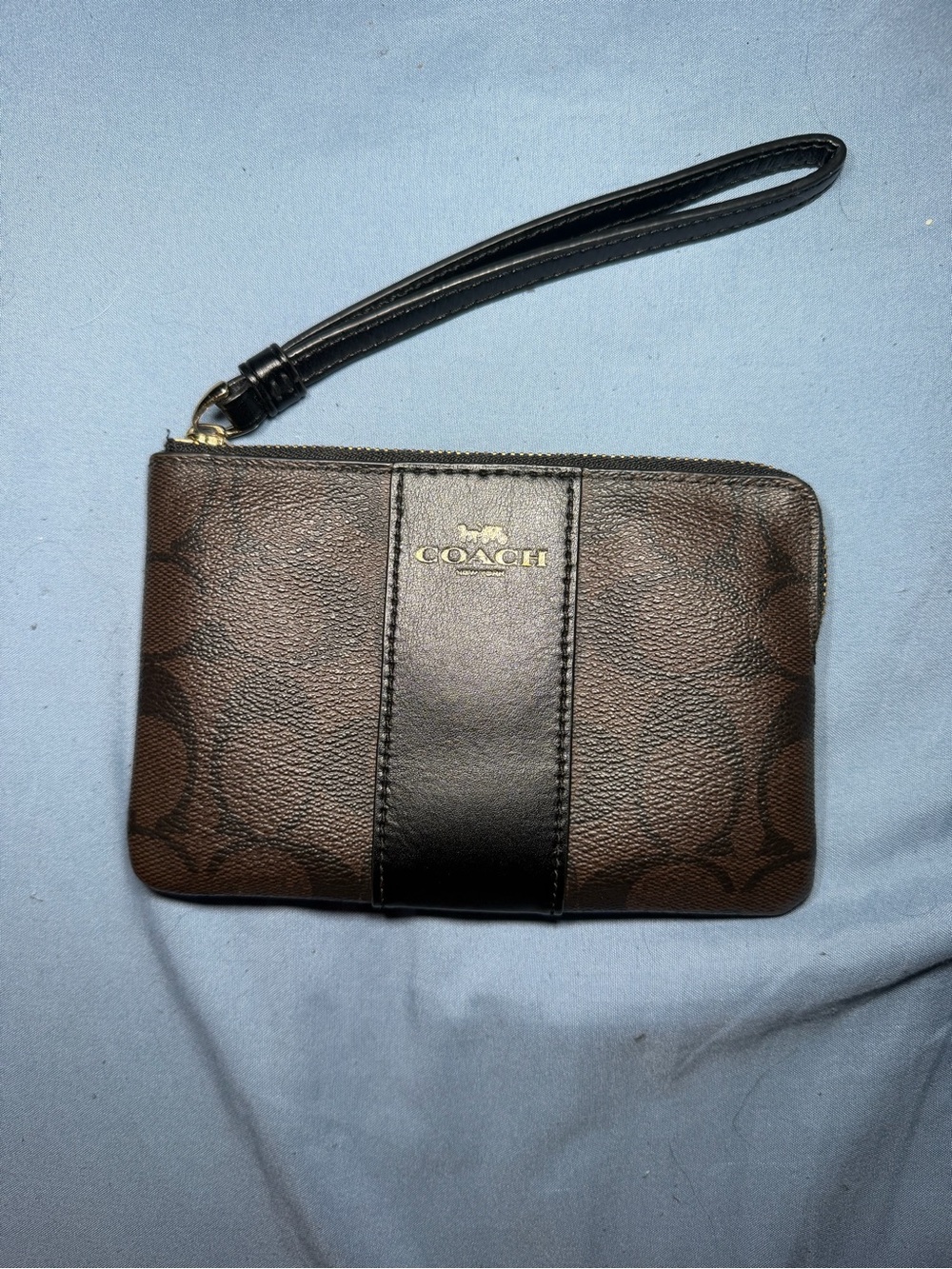 Coach Brown & Black Signature Wristlet with Gold Logo Accent
